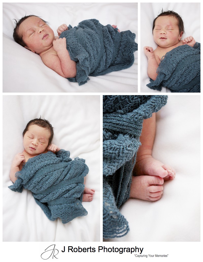 Newborn baby portraits in teal knitted wrap - newborn baby portrait photography sydney